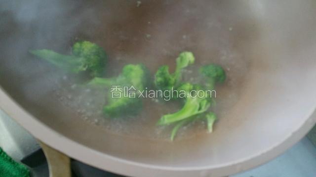 西兰花洗净，锅中加入适量水烧开加入西兰花，加入少许盐，油烫熟后捞出控水。