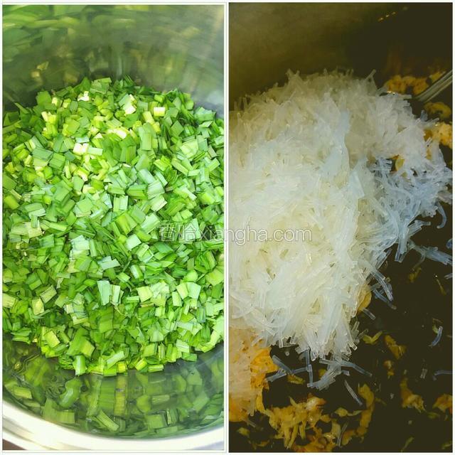 韭菜控干水份切细碎段，把以上的配料加入，加入油把韭菜先裹住，加入鸡精、味精、盐搅拌均匀。