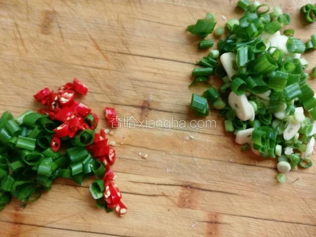 葱姜蒜切末，葱分两份，辣椒切末