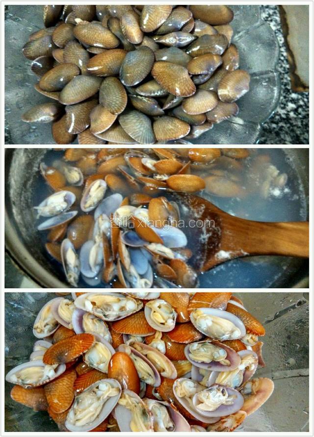 花甲我没有养，直接洗干净下滚水锅里煮开口，捞出来一个一个掰掉半边壳，冲洗干净