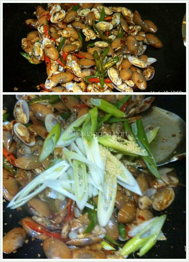 辣椒出香味加花甲入锅翻炒然后加入盐，鸡精，耗油调味出锅（盐切记不能多，因为辣椒酱里面的盐够咸）