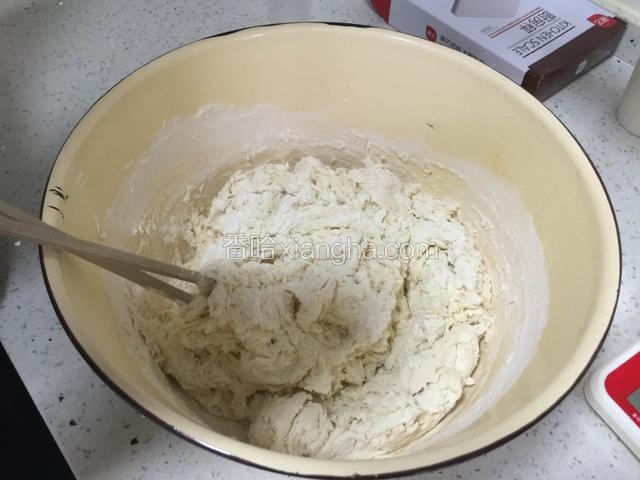 加干面粉

加600g干面粉左右，搅拌成面片状如下图所示。