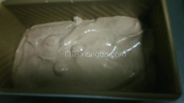 蛋糕部分大概需要20分钟左右完成，这时吐司部分已经发好，烤箱180度预热，将蛋糕糊倒入吐司盒中，轻轻震动吐司盒排出蛋糕糊中气泡，放入烤箱烤45分钟