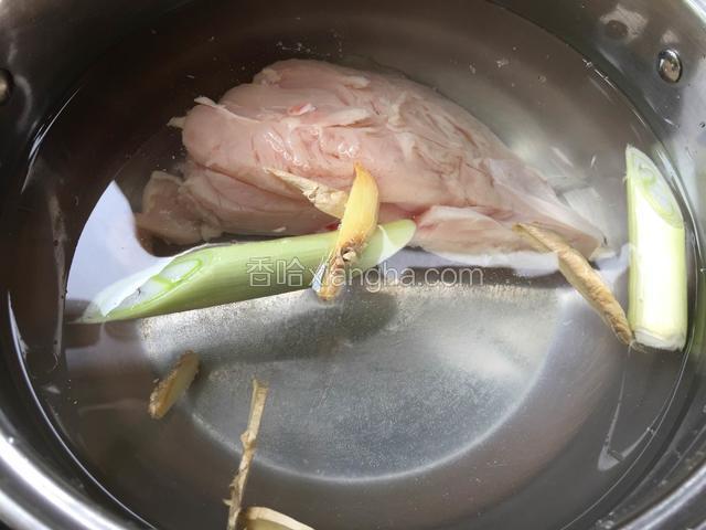 鸡胸肉洗干净冷水下锅，放入姜片，葱段煮熟。