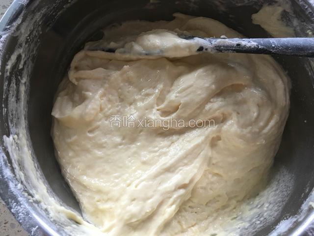 翻拌均匀，没干粉粒即可。不要过度翻拌以免消泡。