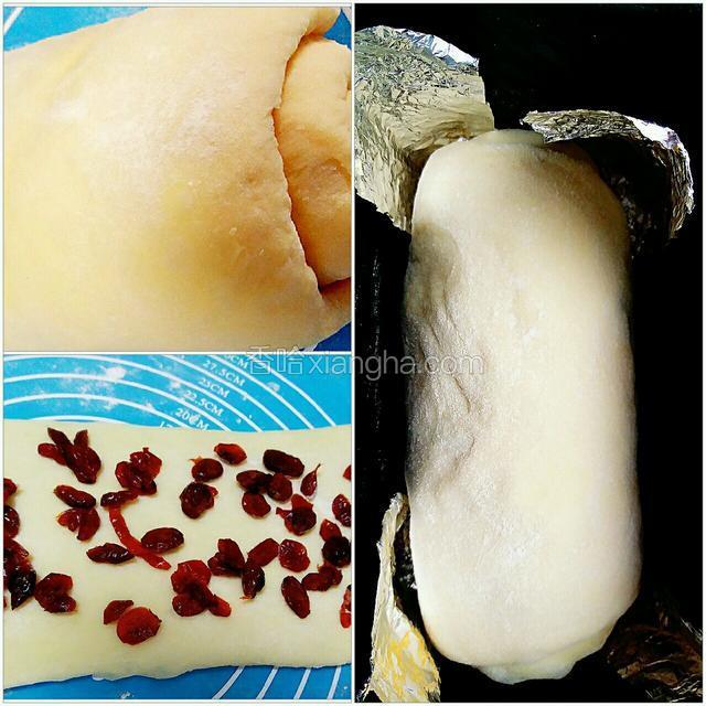 擀成长条将蔓越莓均匀撒在上面再卷起，放入吐司模中