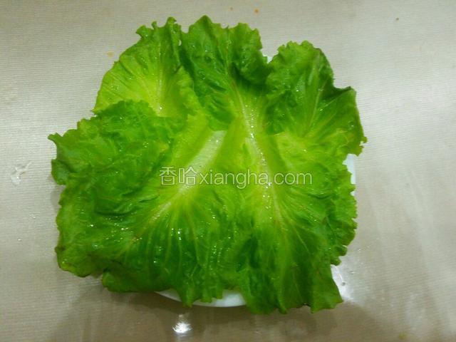 将生菜洗干净平铺在盘中。