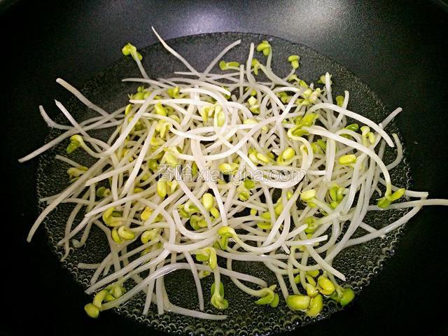 锅里水烧开，倒入黄豆芽焯熟。