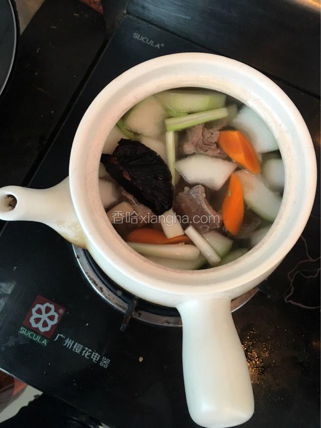 除盐，冬瓜外的材料一同下砂锅，开锅后小火慢炖1.5个小时，下冬瓜，再煮20分钟至冬瓜软烂，加盐调味。