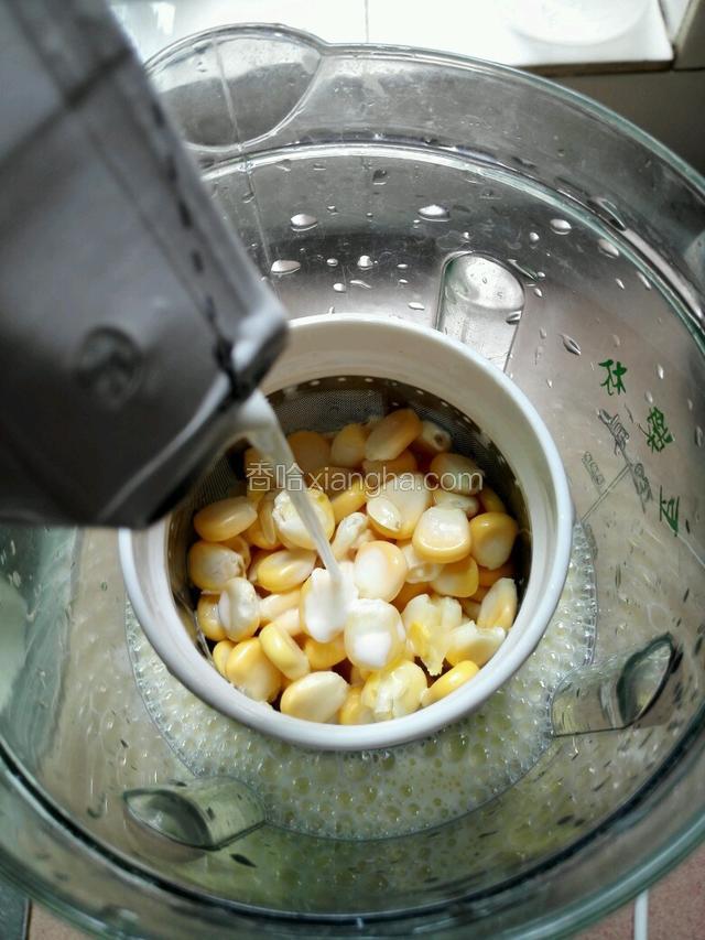 把玉米粒倒入豆浆机加一瓶纯牛奶一起打成汁。