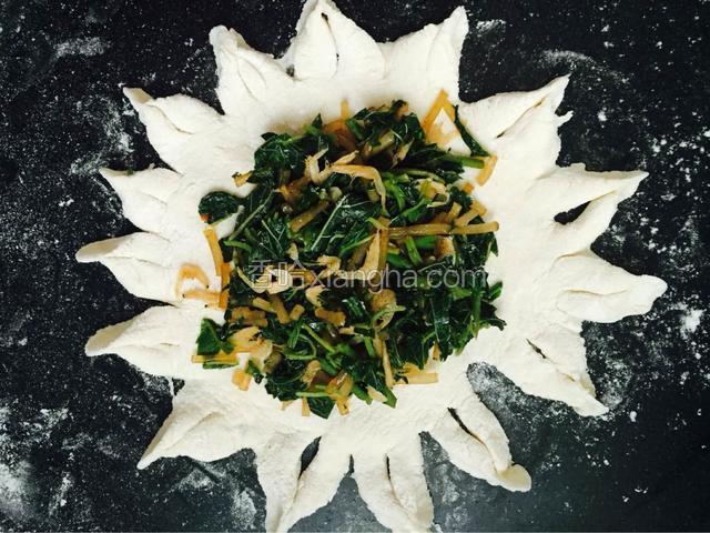 把虾米野笕菜的馅放到面皮的中间