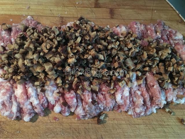 切好肉末放适量的盐调味，再放入切碎的香菇继续切，让肉末和香菇融合在一起！