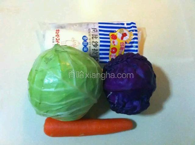 准备的主料 卷心菜 紫甘蓝（其实就是紫卷心菜） 胡萝卜 还有沙拉酱