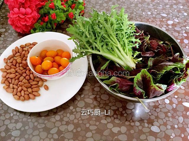 准备好食材。苋菜300克，圣女果200克、花生100克、苦菊50克、香菜10克、蒜40克、姜10克、葱30克。