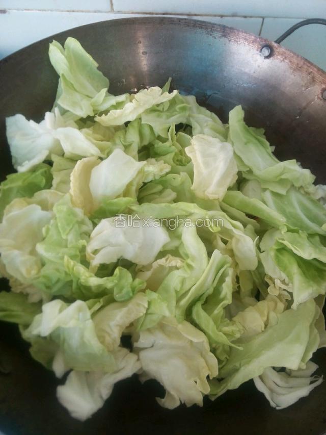 下卷心菜炒至段生，加盐翻炒均匀出锅