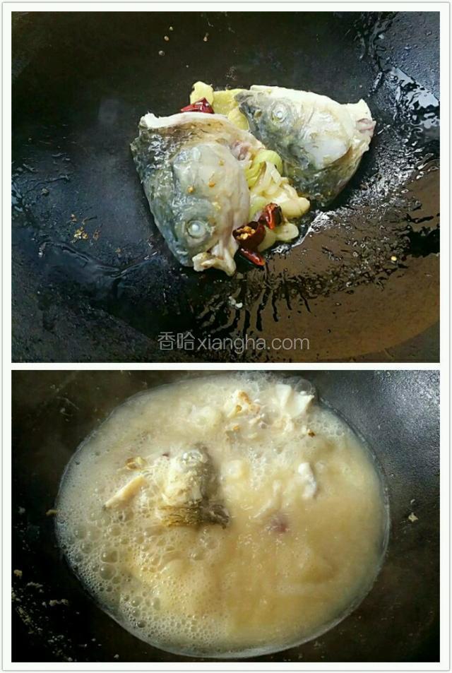 锅里热油，下入葱姜蒜干红椒爆香，放入鱼头煎至两边金黄。然后倒清水，放入鱼骨 ，小火煮30分。