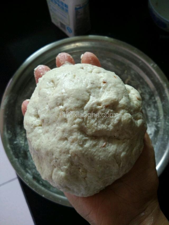 再倒入少许温牛奶，可以用手揉面了，先把手掌抹一层花生油，可防止粘手，直至揉成稍软的面团