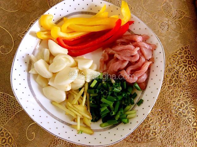 彩椒、肉、姜切丝，葱切粒、蒜拍开口就行