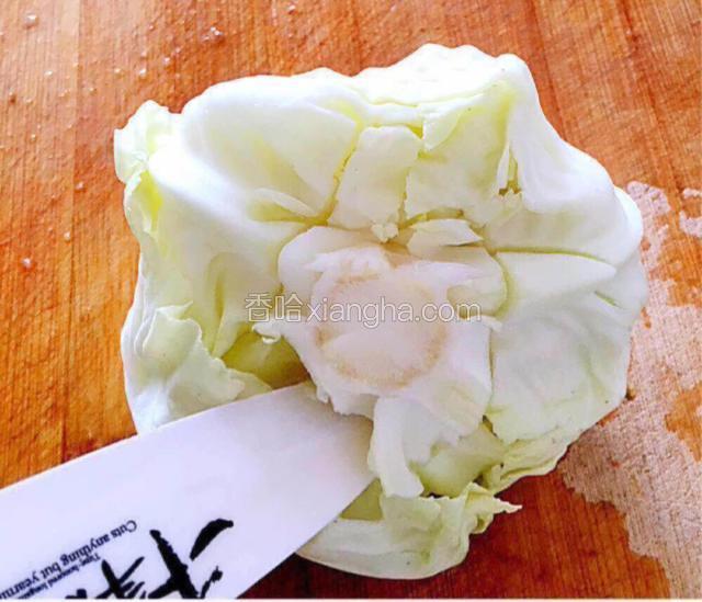 用刀具去除卷心菜的根部