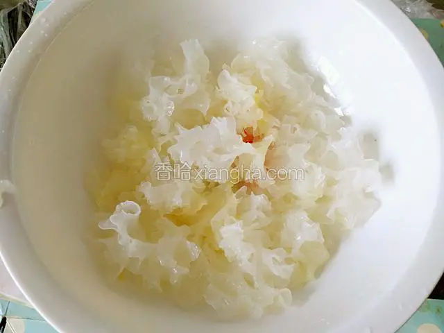 泡好的银耳洗净去蒂，放入开水中烫一分钟，放凉水中拔凉控干水分备用