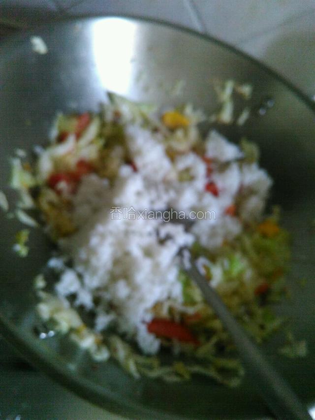 把米饭和炒好的肉倒入，一起翻炒两分钟，，倒入生抽，放点盐，放一勺鸡精，一勺老干妈酱！继续翻炒片刻！