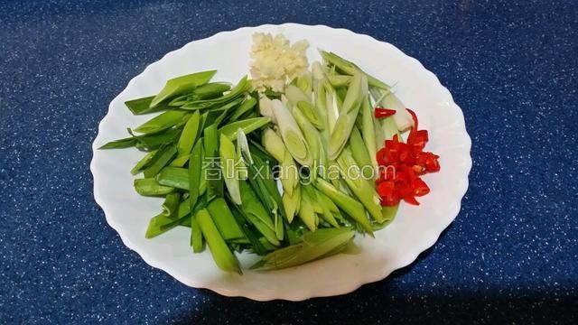 紅辣椒切碎~蒜頭切碎~蒜苗切段~莖同葉分開