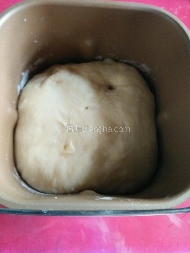 直接在面包桶内发酵到两倍大，手指粘面粉戳个洞不回缩。