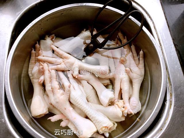 鸡爪用水泡10分钟、用剪刀把鸡爪尖剪掉、清洗干净沥干水分备用。