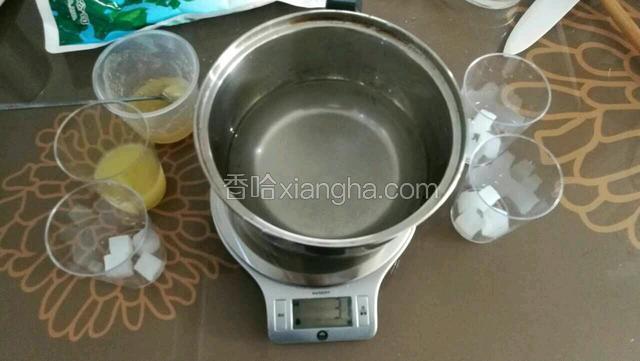 10克吉利丁粉，搭配总共400克的液体是我觉得比较合适的果冻硬度，糖友们也可以按自己口味增减水分比例喔，扣掉泡吉利丁40克水和柠檬汁48克，还需要312克的水量，把这水加入3克的元真糖之后搅匀，食材都准备好了，后面就跟着我的步骤做喽。