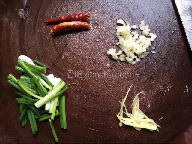 准备好姜丝 葱段 蒜末 干辣椒