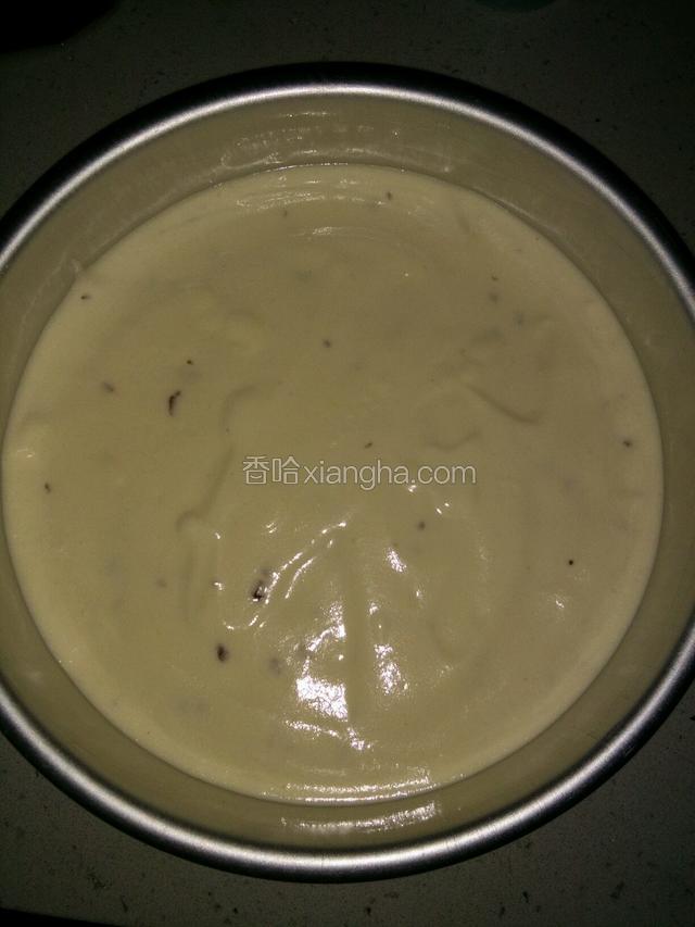 烤箱160度上下管预热，把拌好的蛋糕糊倒入八寸蛋糕模中，抹平，振出气泡，用牙签在表面画Z字消泡