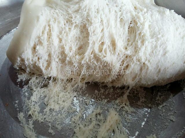 大约一个半小时，把发酵的面粉盆揭盖，面团比原来大两倍左右，把面团扒开呈蜂窝状表明面已发好