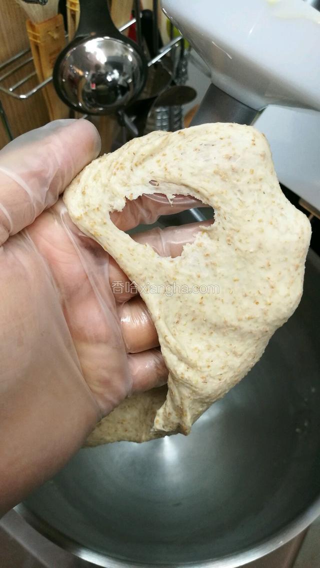 能拉出厚膜之后才可以投入盐和黄油，盐起到洁白面团和支撑骨架的作用，黄油是帮助面团进一步扩展和不粘手，加入黄油和盐之后，开3档继续搅拌。
搅拌差不多5-6分钟的时候，检视下面团，这时候面团扩展的更薄但是裂口还很粗糙，再多搅2·3分钟，一边观察不要过头了把面筋打断就不好了。