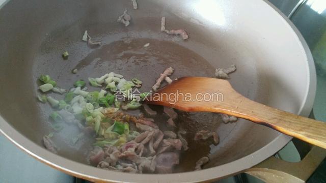 锅中加入适量油，下肉丝翻炒至变色，加入葱姜蒜末，十三香炒香。