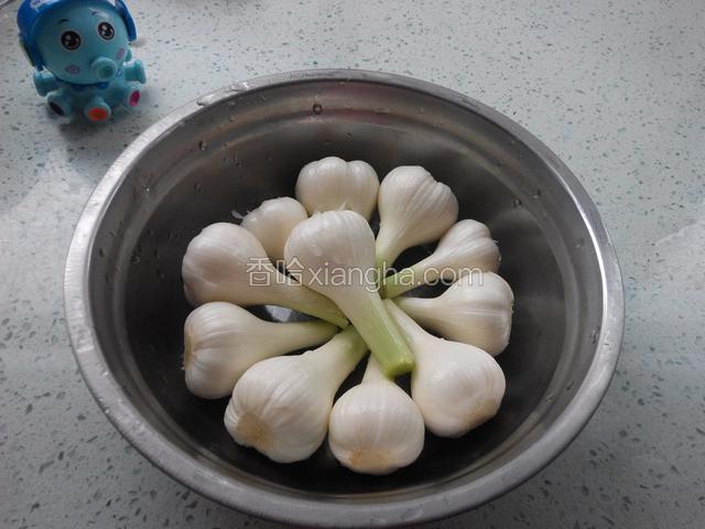 今早去早市买的新鲜马牙蒜，一斤就这么几个，去皮洗干净。