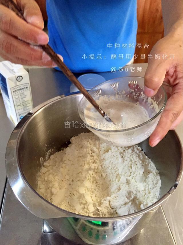 将中种面团材料所有材料混合成光滑的面团
酵母先用少量牛奶化开一起加入
效果更好