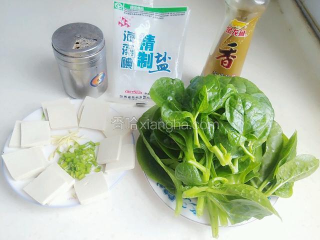 全部材料：洗净去掉菜梗的木耳菜、葱切葱花、盐、香油、豆腐过盐水浸泡五分钟切薄片。