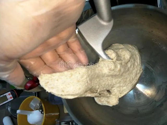 从投料开始总计和面10分钟左右，这时候可以看下面团是不是进入扩展阶段，也就是光滑可以拉开厚膜。