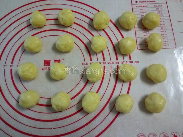 取出面团，将面团分成若干个15g左右的小剂子，用手将小剂子滚圆。