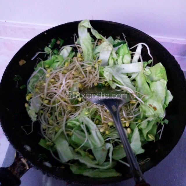 加入豆芽和卷心菜翻炒