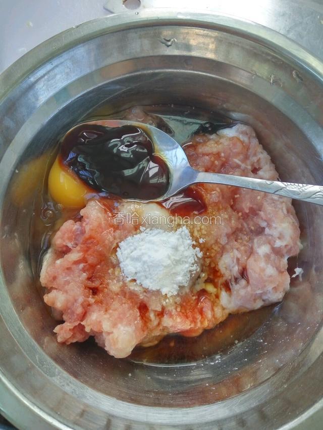 肉剁成沫，加1小勺盐，半小勺鸡精，半勺淀粉，少许料酒，1勺生抽，1勺蚝油，磕入鸡蛋拌匀
