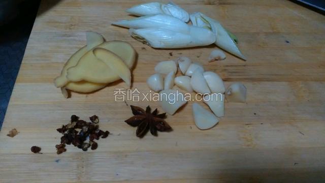葱姜蒜花椒大料备齐，葱姜蒜放入碗中，做个碗汁，这就是家常的做法