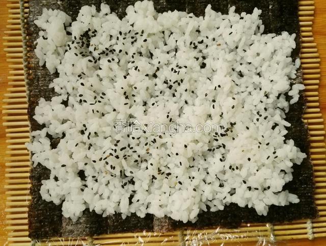 放入适量米饭最上边不要放，撒上黑芝麻