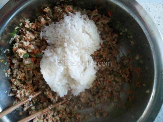加入一碗大米饭，加入盐，五香粉，鸡精等调料拌匀
