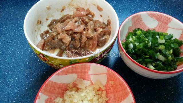 豬肉洗淨切絲~用生抽~老抽~鹽~糖~生粉~油腌制十分鐘~蒜頭去衣切碎~蔥~辣椒切花粒