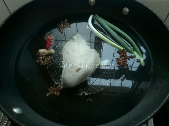 煮开1分钟后，捞出鸡胸肉，倒掉水。另起锅放入适量的清水，鸡胸肉，小葱，姜片，大料，花椒，干辣椒煮开转中火煮10分钟，再焖5分钟。
