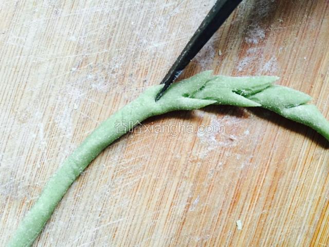 用厨房专用剪刀错开剪成如图所示的样子，做拼盘的柳叶