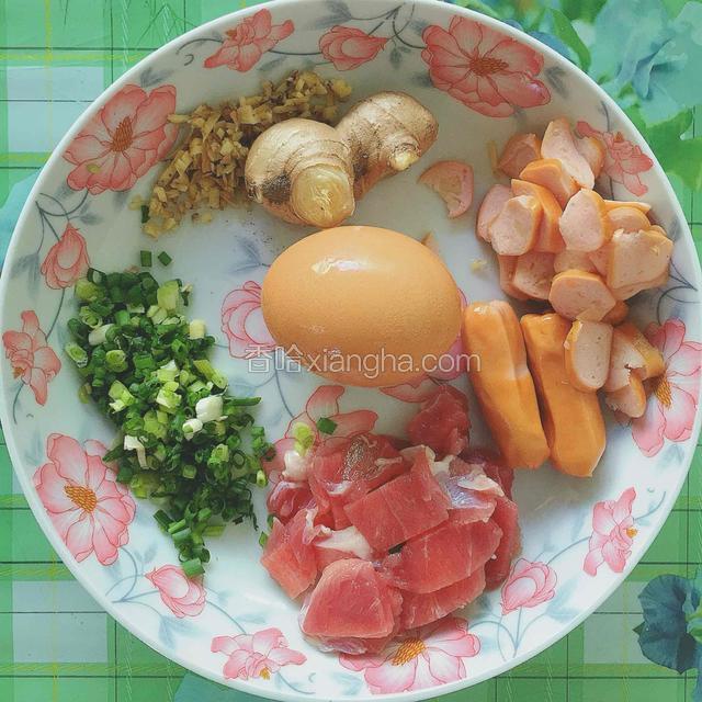 米飯是午餐吃剩的(一人量)
豬肉要切片 (適量放)
芝士脆皮腸兩條也要切片！
蔥要切粒！
薑要切碎哦！
雞蛋最後放的所以不用先攪爛！
