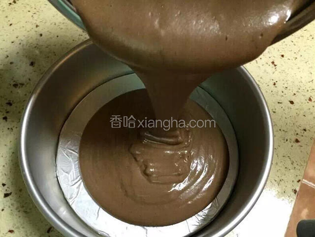 将混合好的蛋糕糊倒入八寸活底蛋糕模具里，将模具在台面上震几下，把里面大气泡震出来。烤好的蛋糕里面组织才够细腻。不会有较大空洞