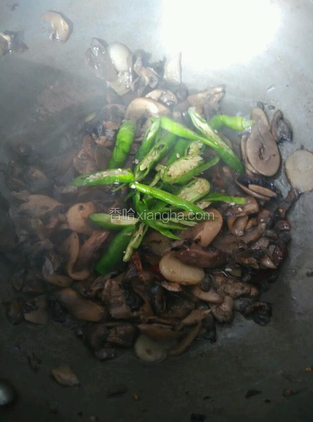 炒到缩得很严重了，就下青辣椒
